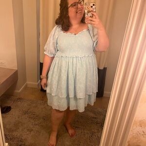 Light Teal Blue Puff-Sleeve Tiered Dress